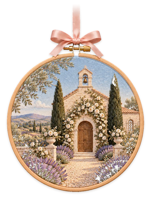 An embroidery hoop: the chapel garden