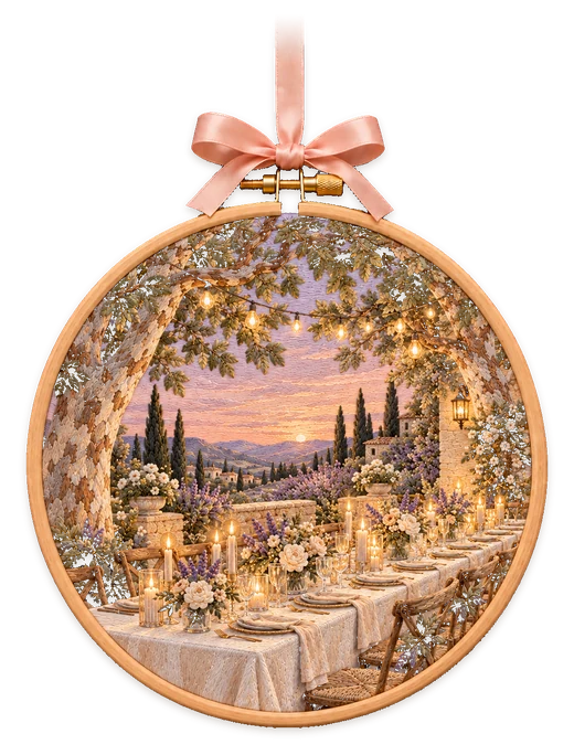 An embroidery hoop: dinner beneath the plane trees