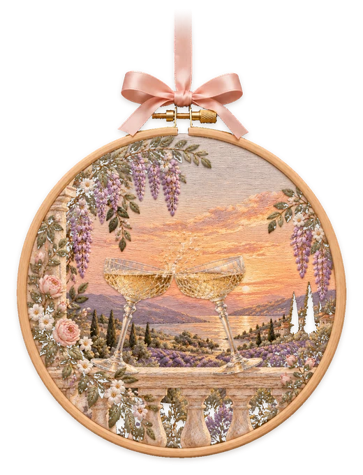 An embroidery hoop: drinks in the rose garden
