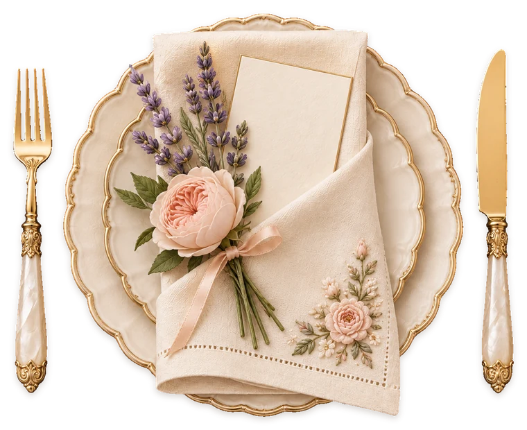 An embroidered linen place setting