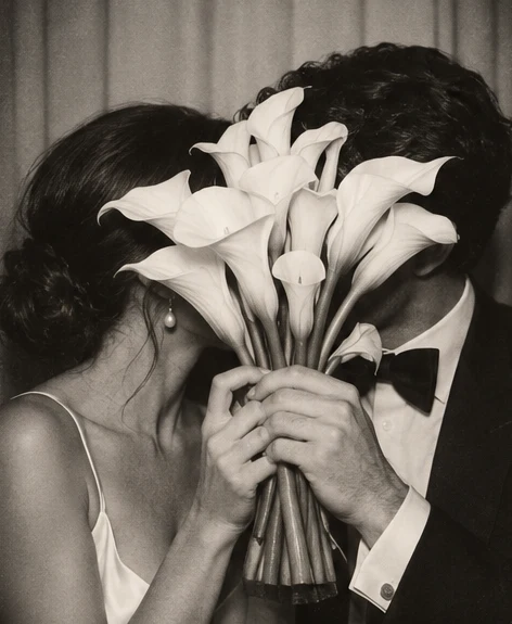 Photo booth picture: the couple hide behind calla lilies