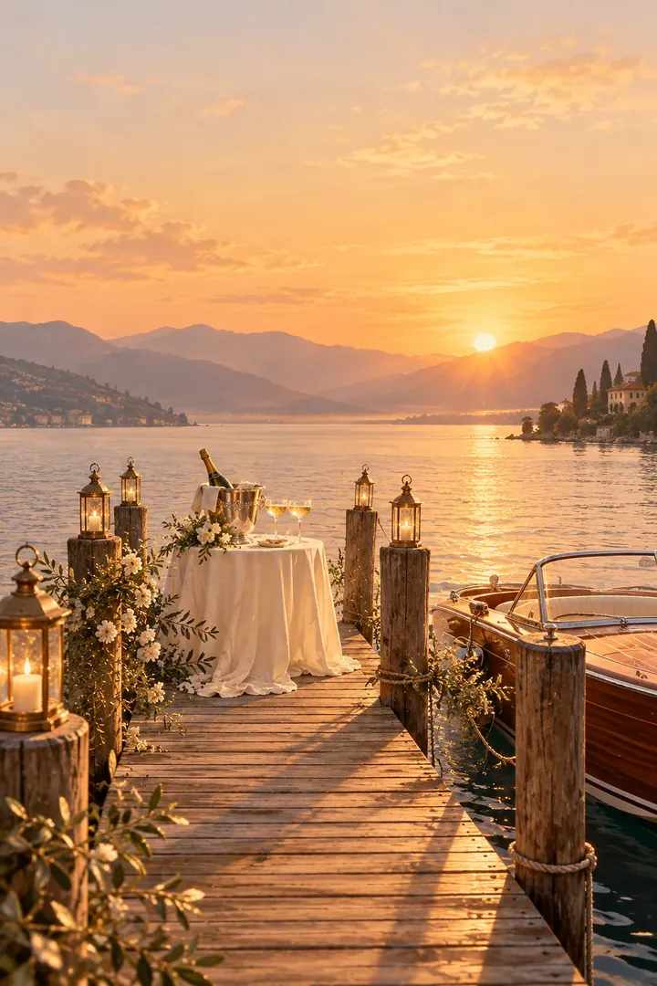 A golden-hour painting of the lido jetty on the lake