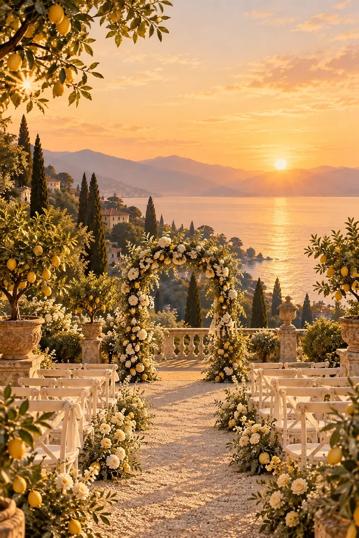A golden-hour painting of the lemon garden set for the ceremony