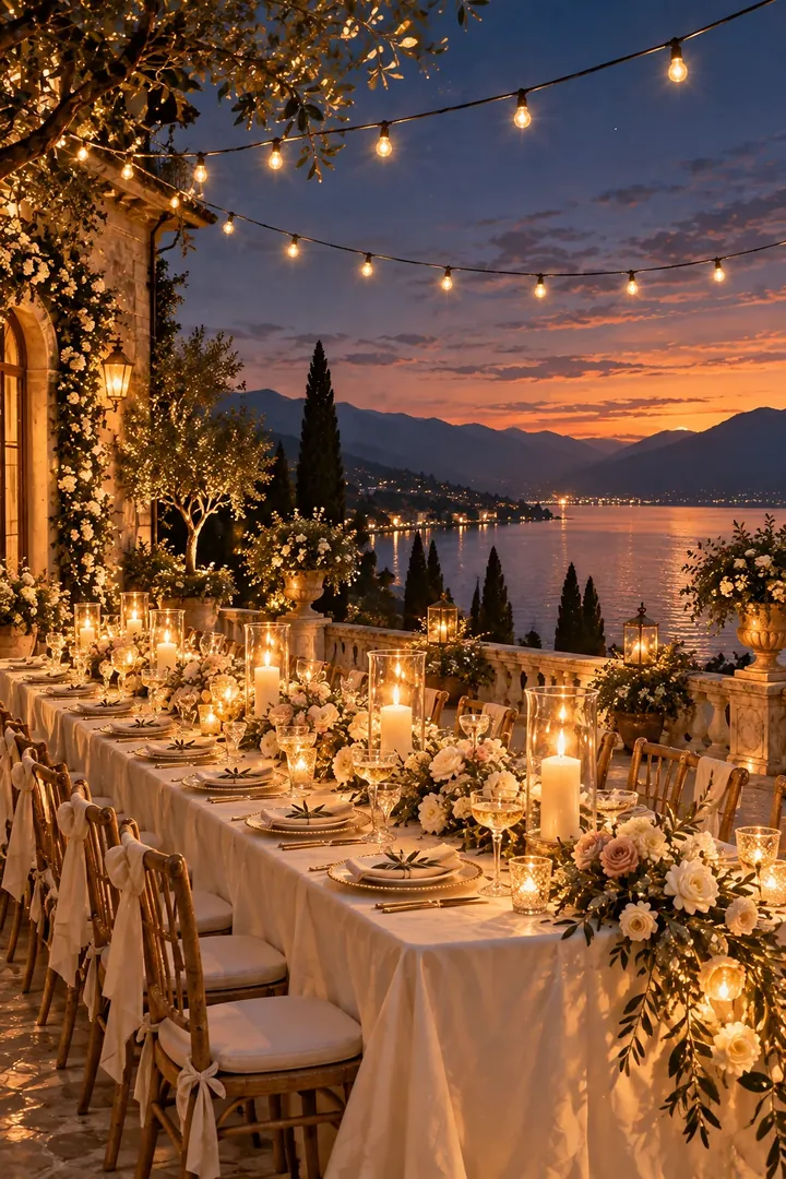 A painting of the terrace laid for dinner under the stars