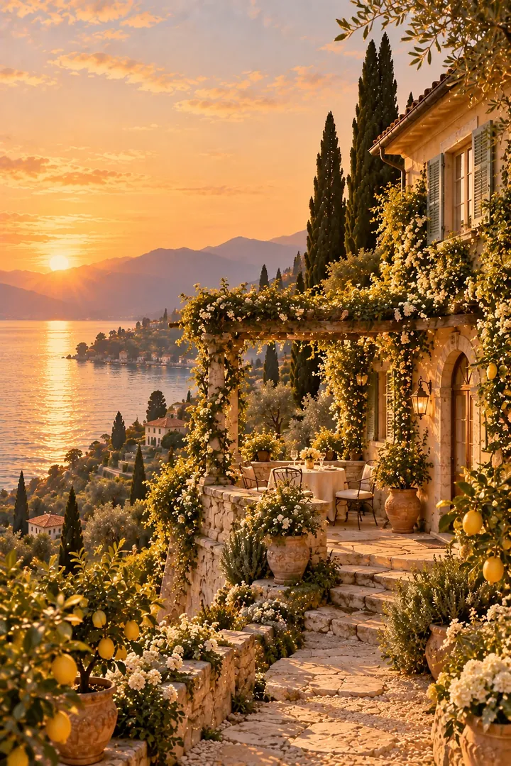 A painting of Villa Limonaia among lemon trees