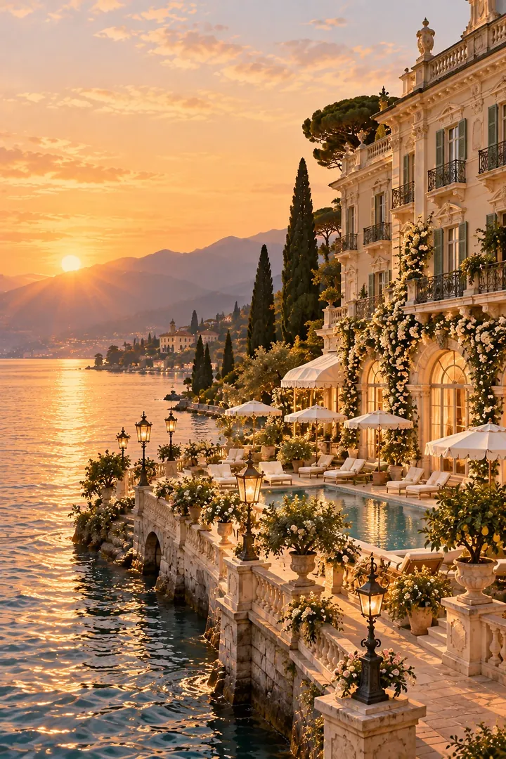 A painting of Hotel Riva Dorata on the lakefront
