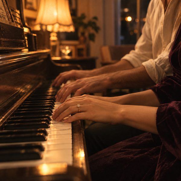 Two hands on piano keys, a ring on hers