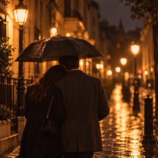 The couple under an umbrella in the rain, from behind