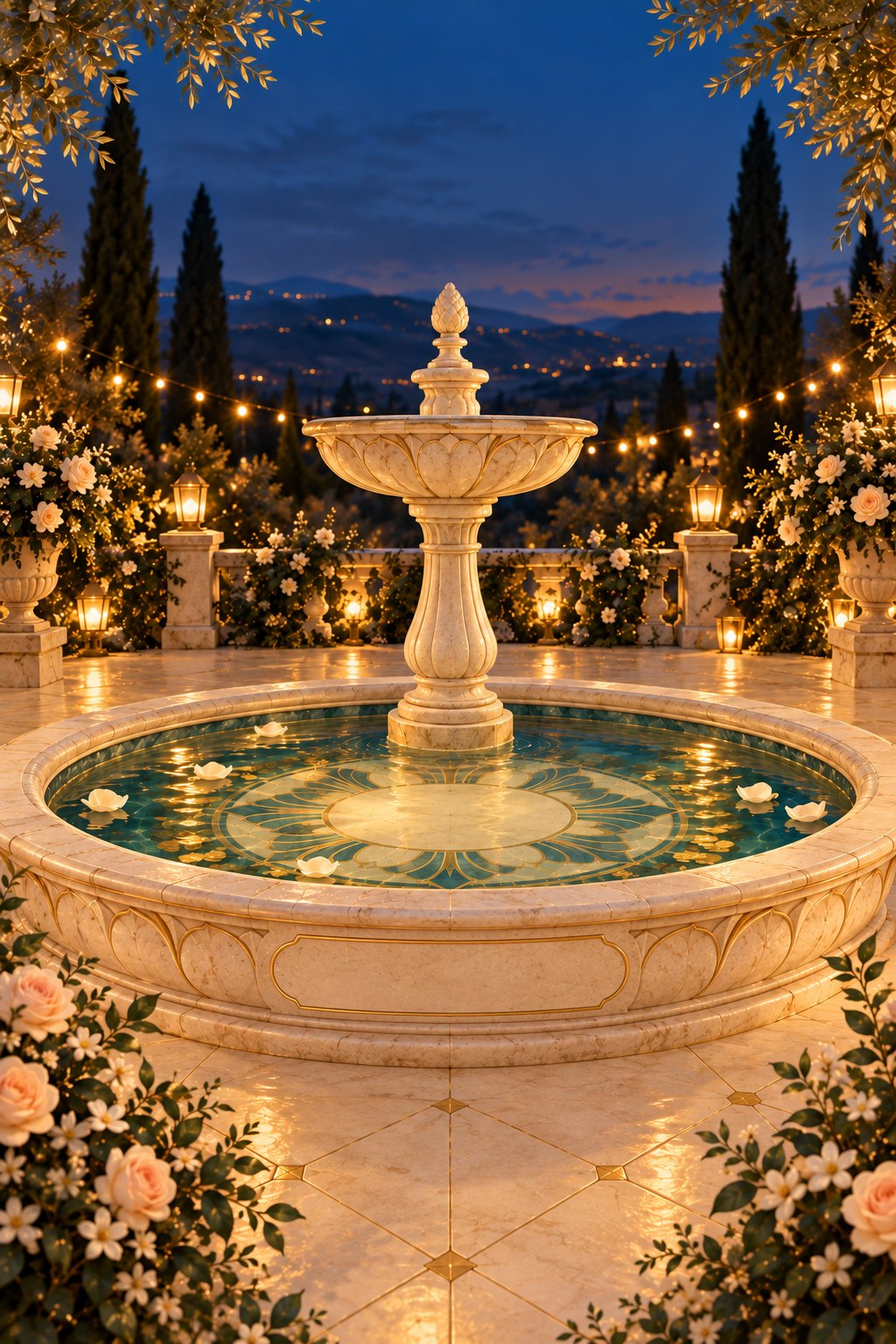 A stone fountain in a garden at dusk